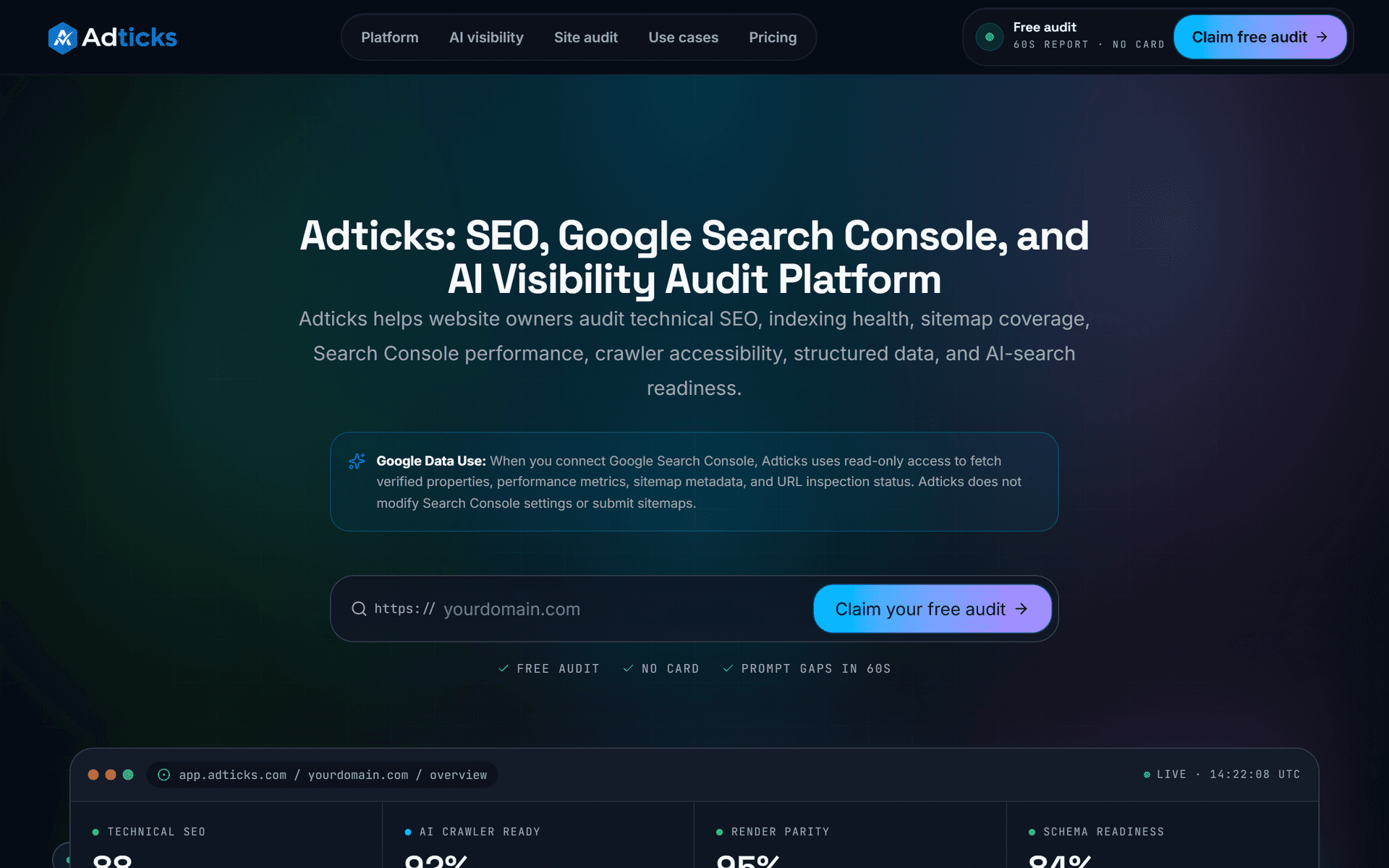 Adticks search and AI visibility measurement platform, designed and built by Madhu Dadi.