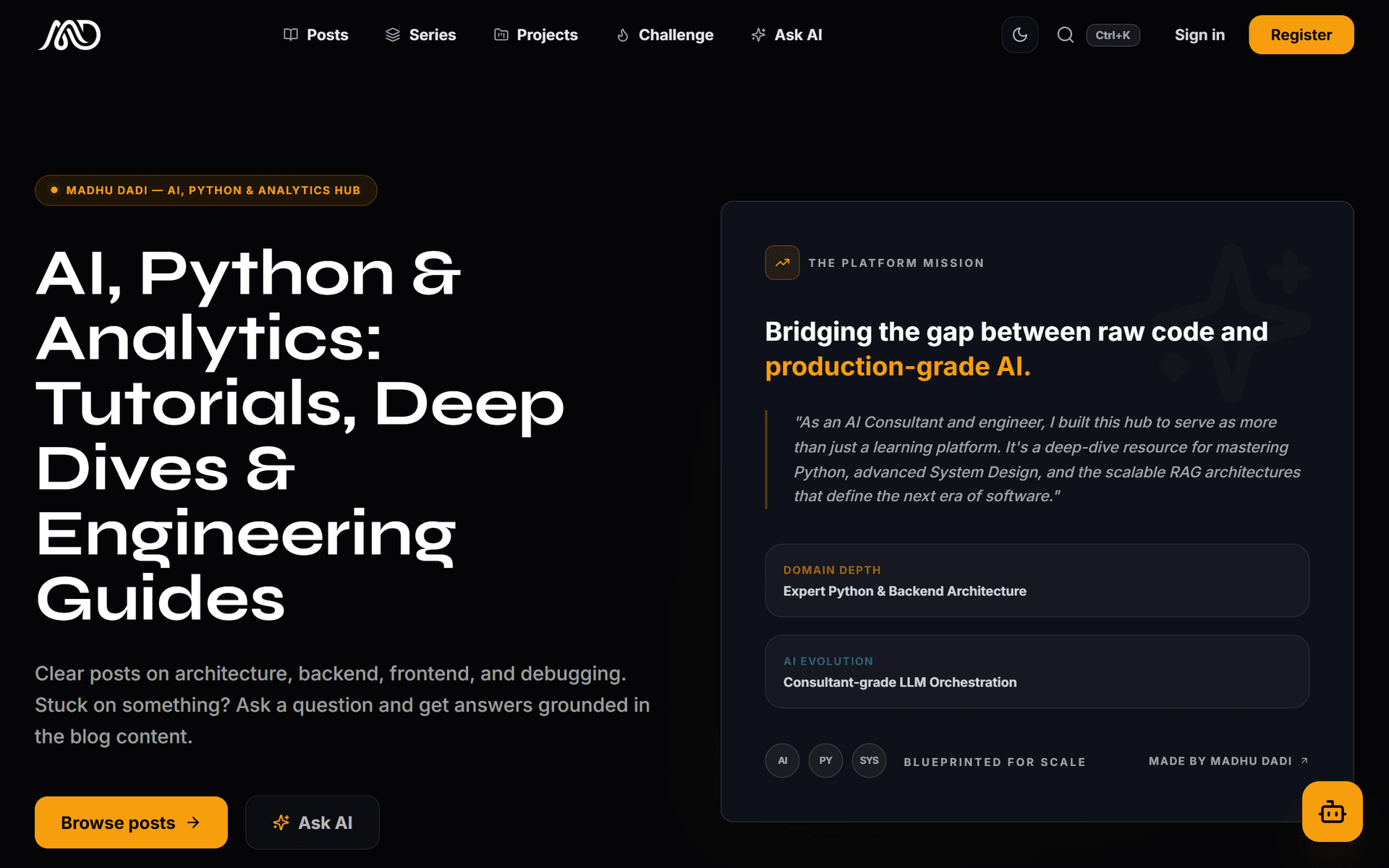 Technical Blog case study preview showing a RAG-powered learning platform and AI assistant by Madhu Dadi.